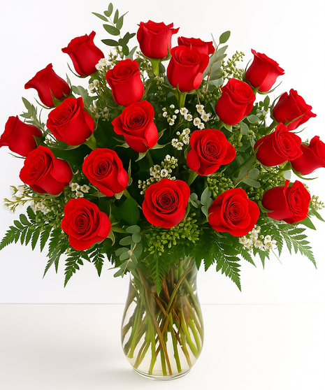 Two dozen roses, greenery and baby's breath in a glass vase.