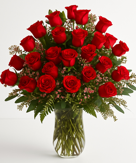 Three dozen roses in a flared glass vase.