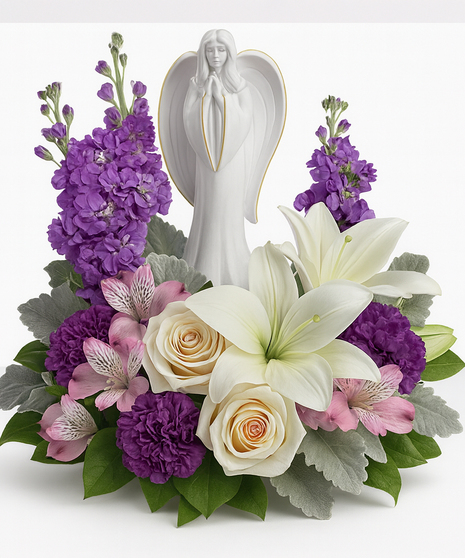 Purple and white flowers surrounding an angel scuplture keepsake.