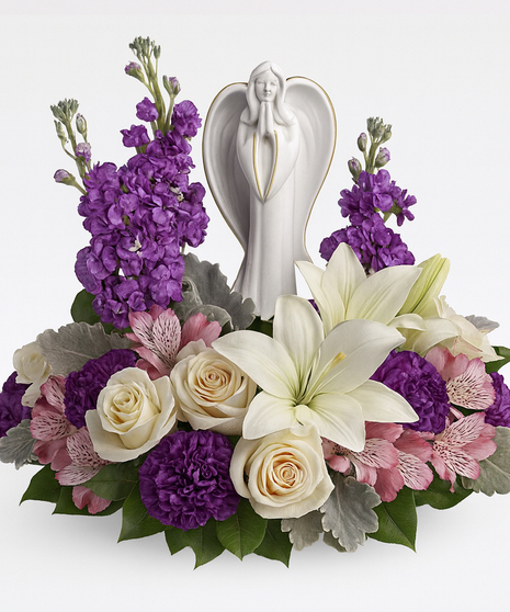 Purple and white flowers surrounding an angel scuplture keepsake.