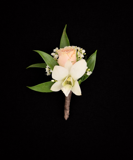 Dendrobium & Sweetheart Rose Boutonniere - With Upgrades Peach & Ivory