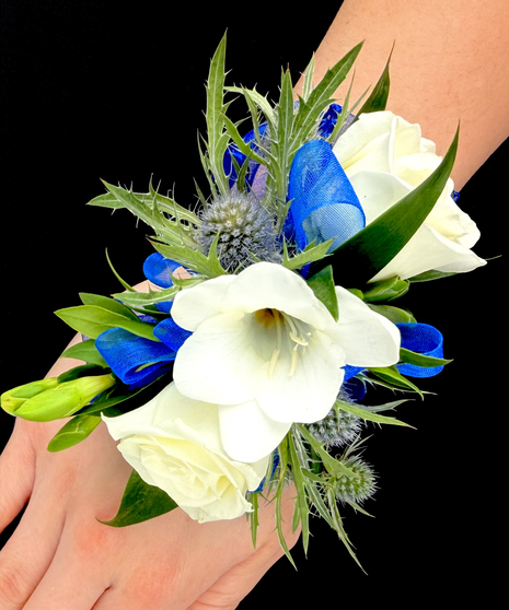 Royal Blue & White Corsage