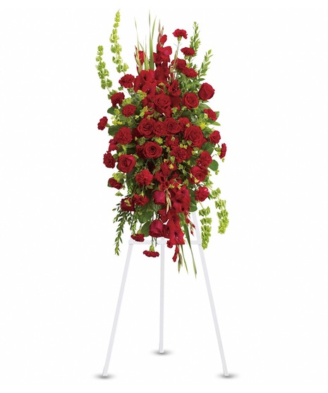 Sympathy spray of red flowers and bells of Ireland with assorted greenery. 