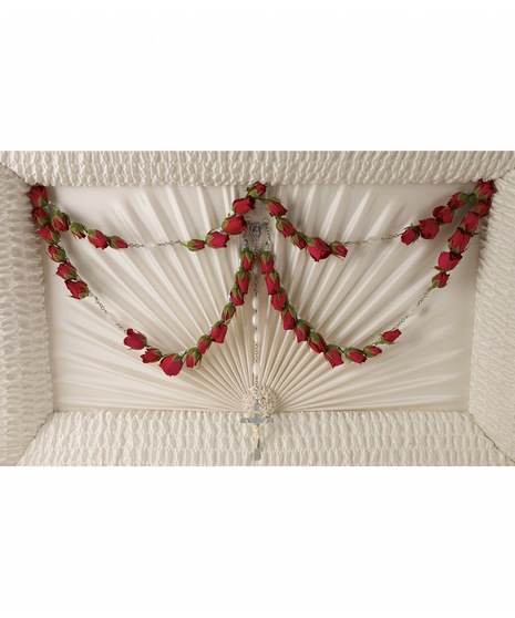 Floral rosary of red spray roses for a casket interior. 