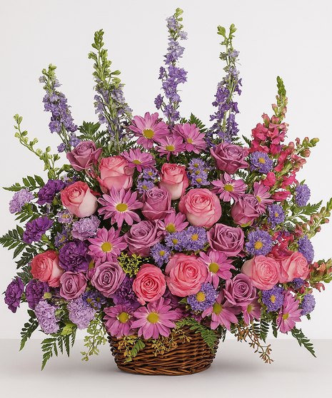 Sympathy basket of lavender, purple and pink flowers. 