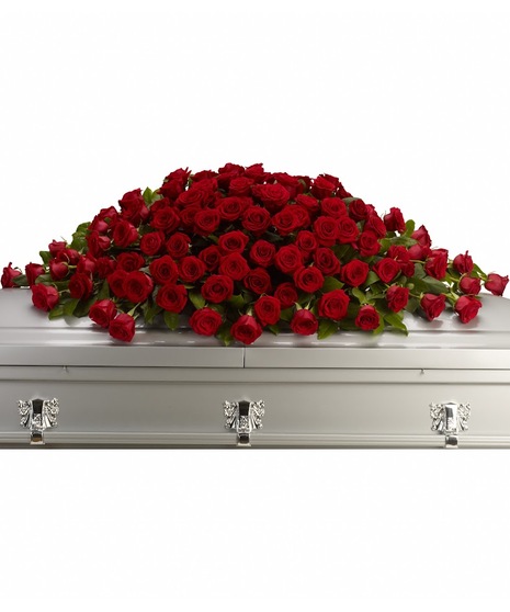 Casket spray of all red roses. 