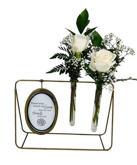 white roses with keepsake metal stand