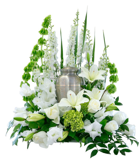 Square wreath of white flowers to surround an urn. 